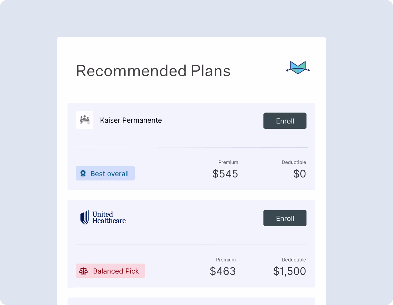 UI of recommended health plans from Venteur